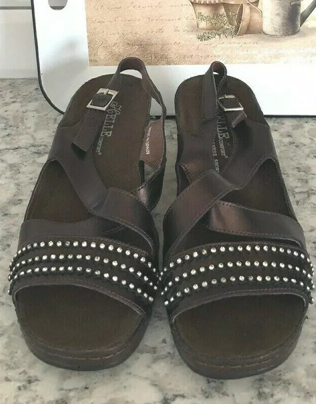 Helle US 9 EU 39 Brown Leather Rhinestone Comfort Sandals Heels Shoes Gorgeous