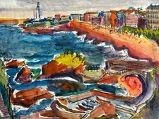 MID CENTURY PAINTING LISTED FAMOUS JO CAIN PAINTING BEACH COAST LANDSCAPE CITY