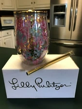 Lilly Pulitzer Paradise Found Glitter Tumbler w/Lid And Straw In Box Never Used!