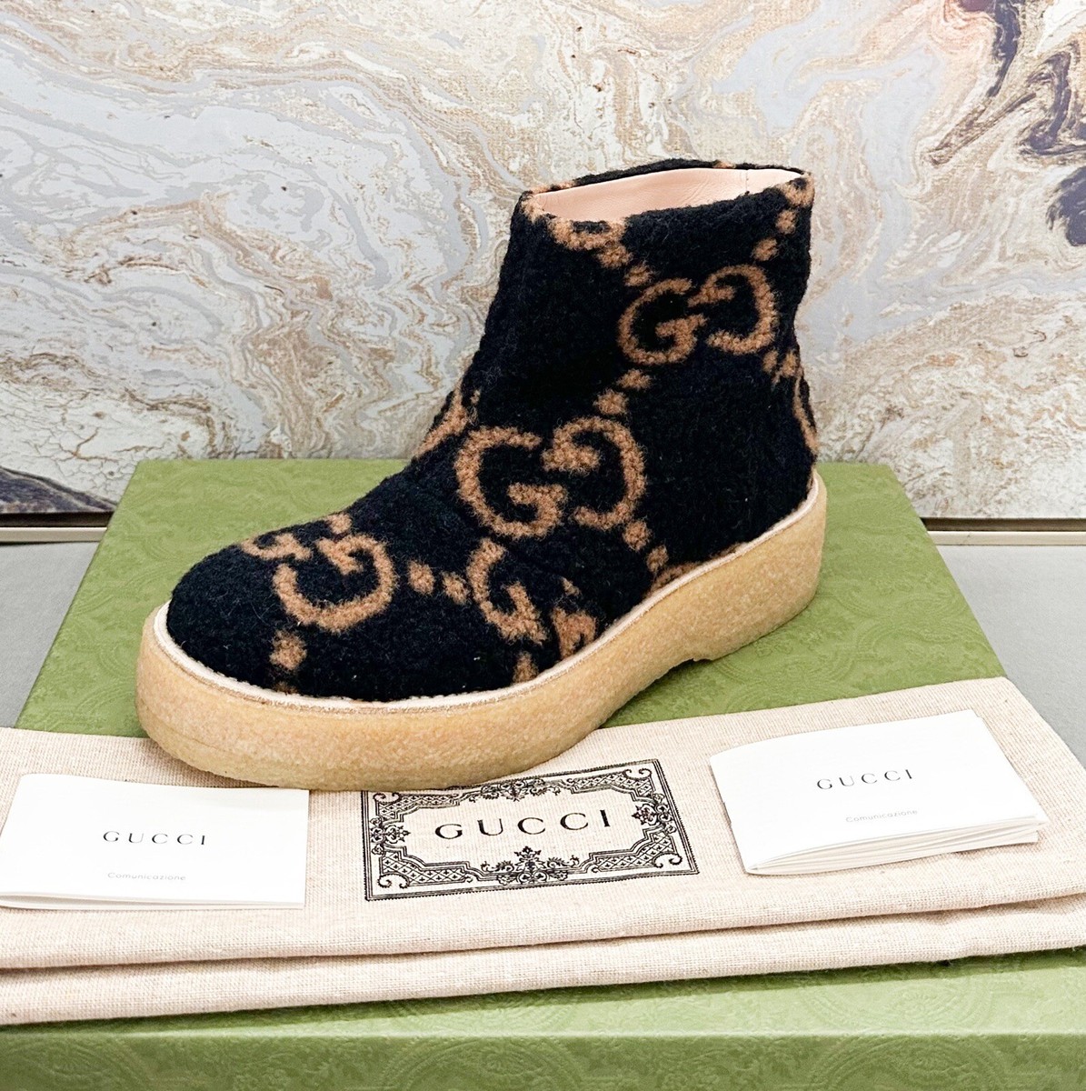 スニーカー Gucci Gg Suede Ankle Boots Gucci GG Wool-Effect Faux Fur Flat Ankle Boots | eBay