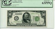 FR 2100-L 1928 $50 Federal Reserve Note PCGS 63 PPQ Choice New