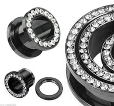 PAIR-Black Titanium IP w/Clear Gems Screw On Ear Tunnels 06mm/2 Gauge
