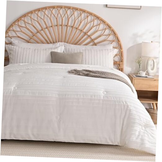 Comforter Set - White Striped Tufted Bedding Sets, Queen 01 - White - Striped-image