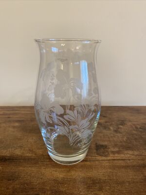 Pasabahce Made In Turkey Art Glass Clear Etched White Floral Vase 8 H 3.75 D