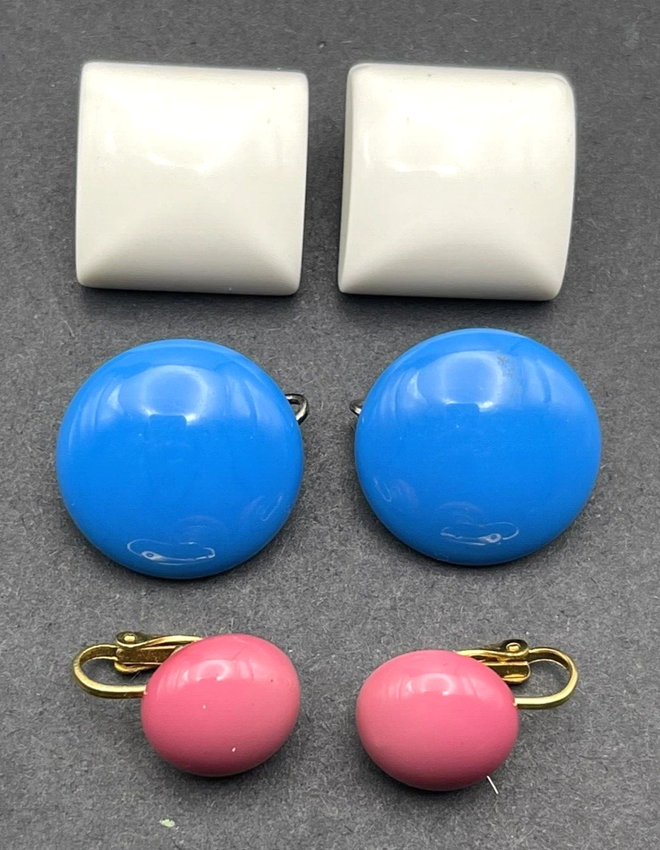 Blue White Pink Lot of 3 Pair Vintage Plastic Clip On Earrings
