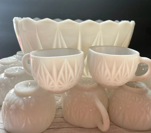 Vintage Hazel Atlas Williamsport Milk Glass Punch Bowl w/11 glasses