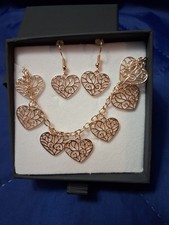 Rose Gold Toned Chain W/Filigree Hearts Womens Choker Necklace/Earrings Set
