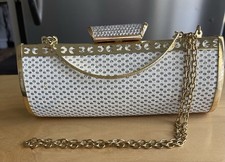 White Gold Rhinestone Clutch Bag Purse with Chain Strap, Gold Tone Accent