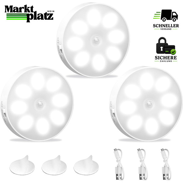 Nachtlicht Mit Bewegungsmelder 3 StüCk LED USB Wiederaufladbar FüR Flur Treppe-image