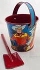 Vtg Ohio Art Tin Litho Western Sand Pail Cowboy Sheriff Graphics & Shovel USA