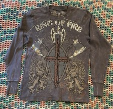 Y2K Ring Of Fire AOP Sword Shield Cross Thermal Gray Size M Goth Punk Grunge
