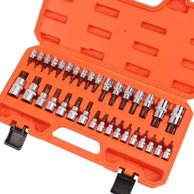 34Pcs Torx Bit Socket Set T6 - T70 Impact Star Bits S2 1/2'' 3/8'' 1/4'' Drive