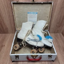 Vtg Chicago? White Leather Roller Skates Arrow Wooden Wheels Oak Sole Case Sz 9