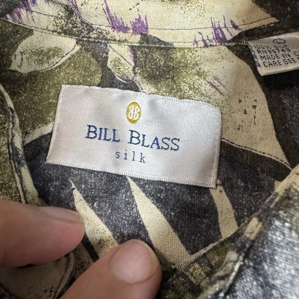 Bill Bass Mens 100% Silk Button Up Shirt Floral Hawaiian Large Gray - Image 3 of 4