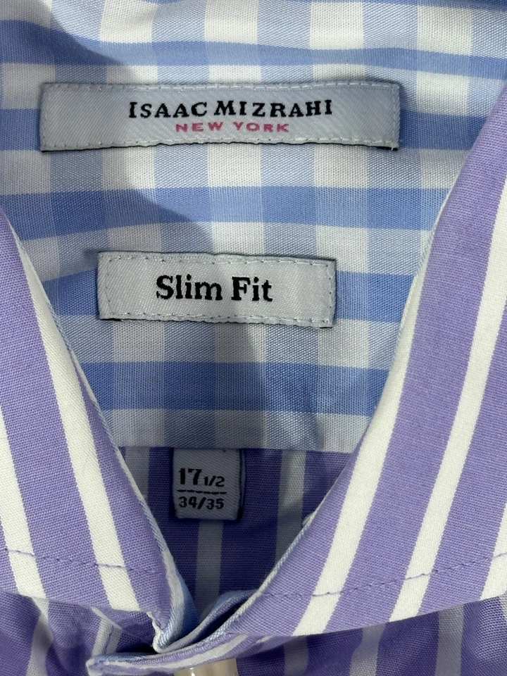 Camisa de vestir Isaac Mizrahi para hombre 17,5 34/35 calce ajustado púrpura blanco a rayas  Foto 2 de 4