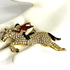 Vintage Equestrian Horse Rider Brooch Gold Tone Crystal Enamel 3" Unmarked