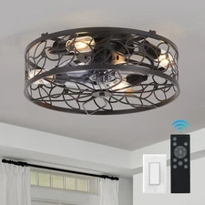 20" Farmhouse Ceiling Fan Light Kit Black Cage LED Chandelier Lamp with Remote