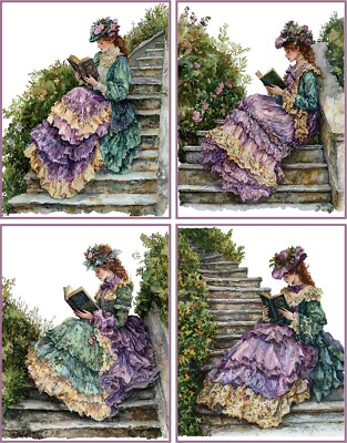 8 Victorian Vintage Ladies reading books glossy blank fold out note cards