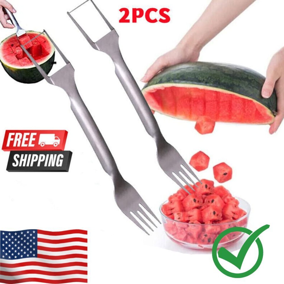 Cortador cortador de sandía de 2 piezas, tenedor 2 en 1 artefacto de corte de frutas de acero inoxidable