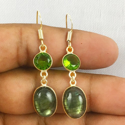 925 Sterling Silver Labradorite & Peridot Gold / Rose Plated Earrings Women Gift - Picture 8 of 9