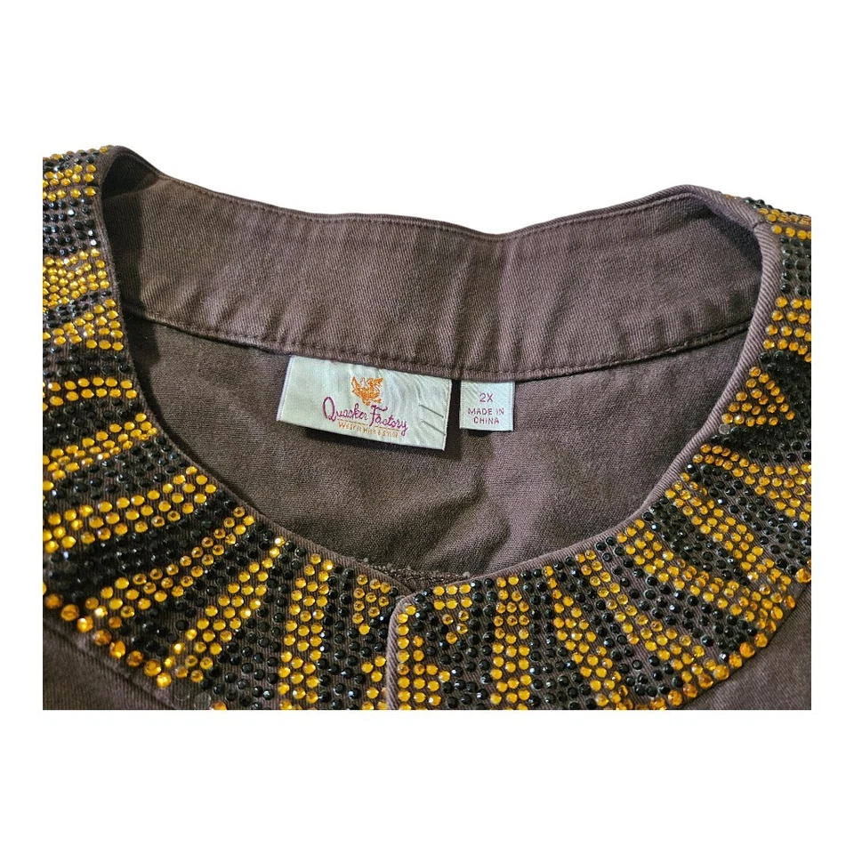 Quacker Factory Size 2X Brown Beaded Embellished Button Denim Jacket Women's - Image 3 of 4