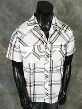 Mens Plaid Shirt Short Sleeve White Red Black Button Front Pockets Renegade