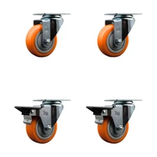 3.5 Inch Orange Poly Wheel Swivel Top Plate Caster Set with 2 Posi Brakes SCC