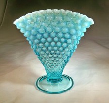 FENTON GLASS AQUA BLUE OPALESCENT HOBNAIL 3857-BO 6-1/4" TALL RUFFLED FAN VASE