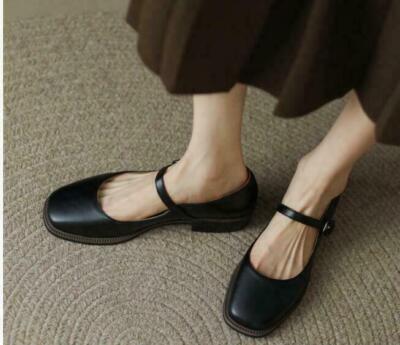 Women Spring Fall Slip On Flats Ankle Strap Casual Leisure Work Square Toe Shoes
