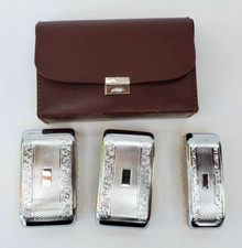 VINTAGE NYLON GROOMING 3 SET CHROME CLOTHES BRUSHES; ORIGINAL CASE REAL COWHIDE