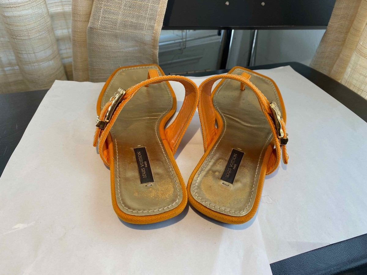 LOUIS VUITTON ORANGE CANVAS THONG SANDALS GOLD BUCKLE 36-6 ITALY