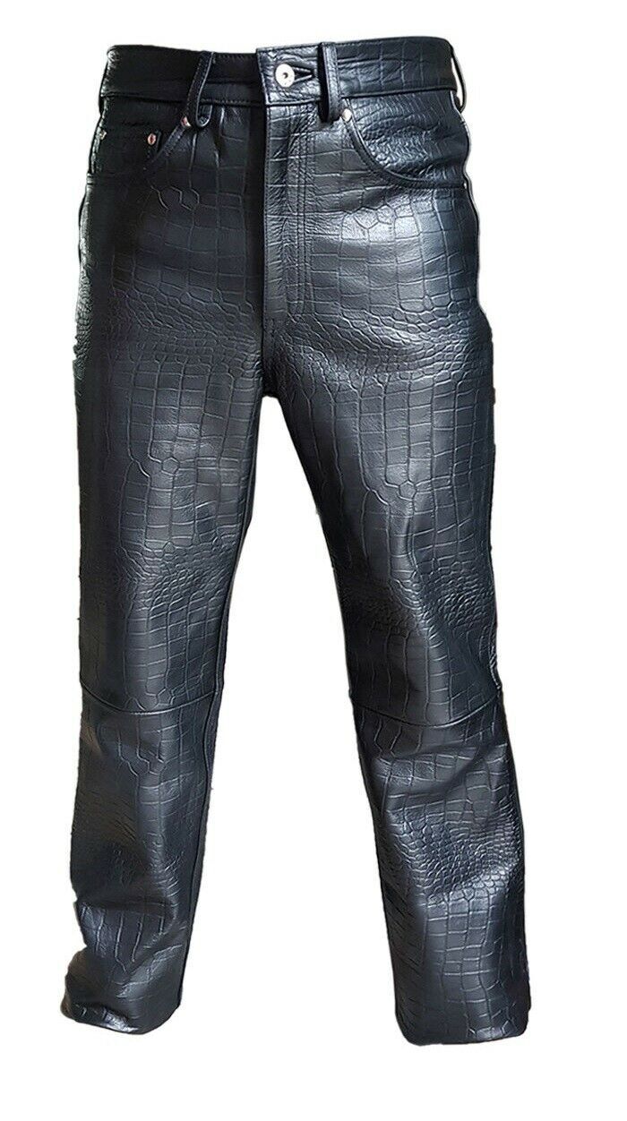 Pantalones de motociclista de cocodrilo en relieve de cuero genuino para homb...