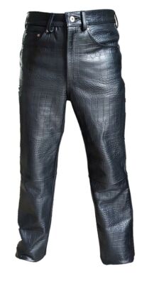 Men's Genuine Leather Croc Embossed Biker Pants Black Croco Motorcycle Trousers