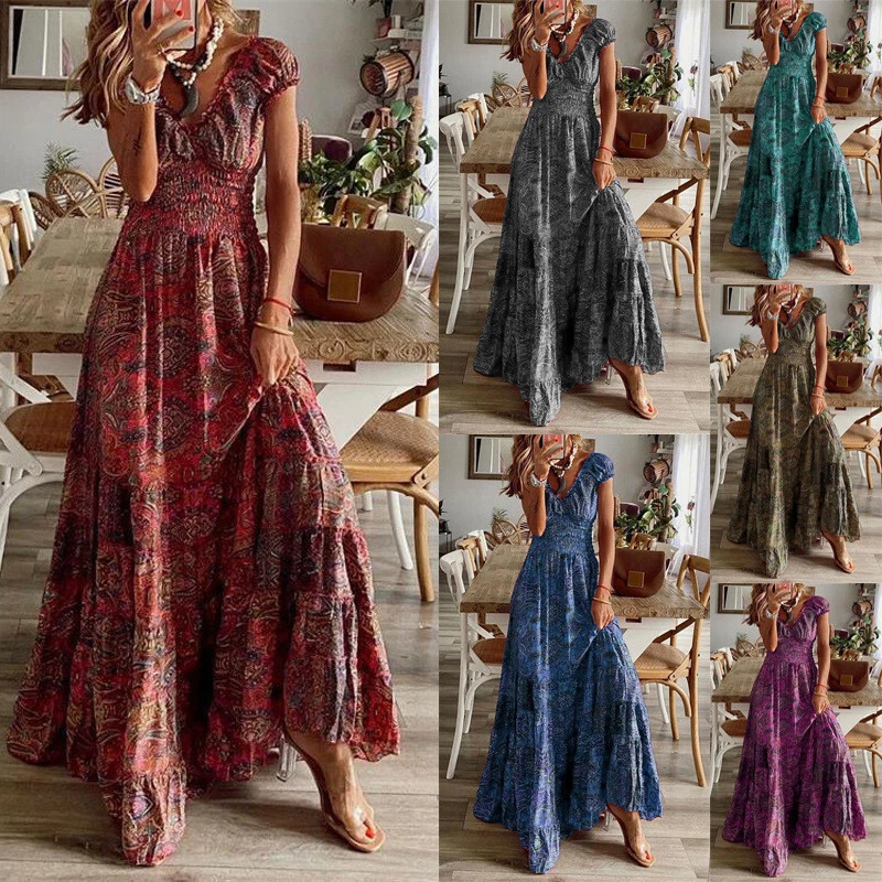 Women Half Sleeve Boho Dress Swing Floral-Print Beach Holiday Maxi Dresses