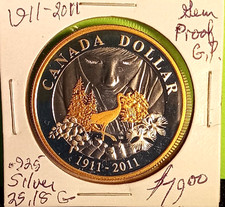 1911 2011 Canada Gold Plated Sterling Silver Proof Dollar 100th Anniversar 92.5%