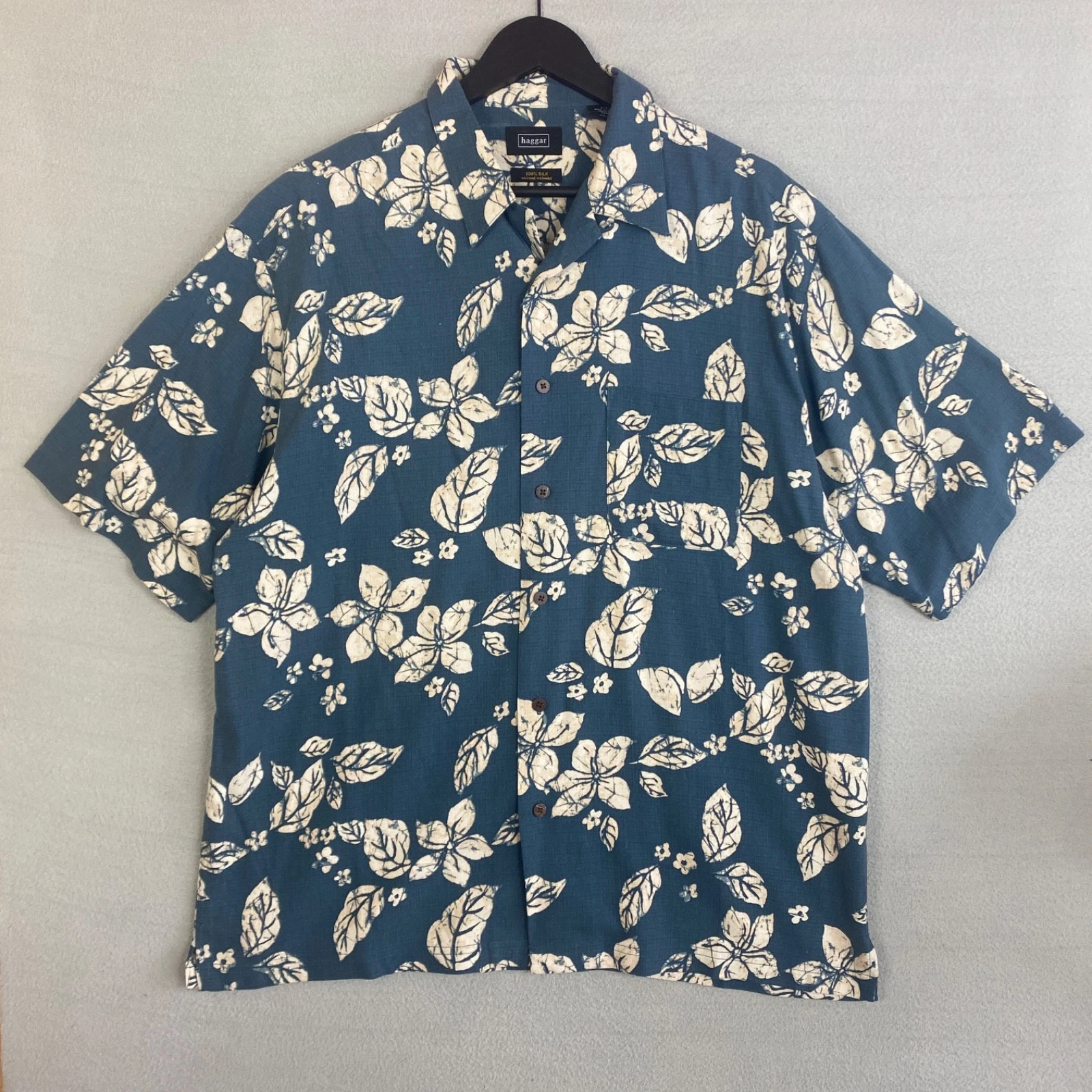 Haggar Hawaiian Shirt Blue Floral Leaf Print 100% Silk Mens XL Aloha