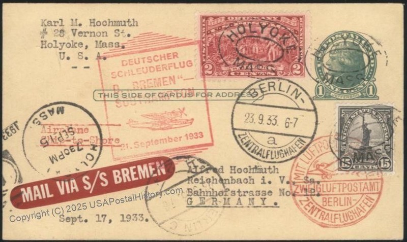 USA 1933 Bremen Schleuderflug Catapult K164 Cover Airmail Germany Holyoke 116205