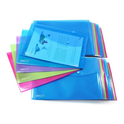 Rapesco 1494 Popper Wallets, A4+ / Foolscap, Assorted Transparent Colours, Pack 