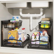 Under Sink Organizer 2 Pack Pull-Out Cabinet 2 Tier Storage with Sliding Basket