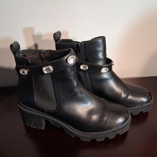 Womens Black faux leather ankle boots with rhinestone details