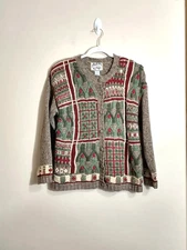 VTG Womens Textured Patchwork Cardigan S Brown 90s Granny Cottagecore Teacher