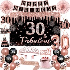 30th Birthday Decorations for Women - 34pcs Black Rose Gold Birthday Party