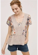 Anthropologie En Elle Verina Peplum Short Sleeve Floral Multi Patterned Blouse S