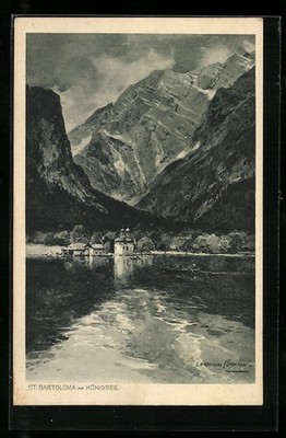 Künstler-AK Edward Harrison Compton: St. Bartolomä, Ortsansicht mit Königsee, R 
