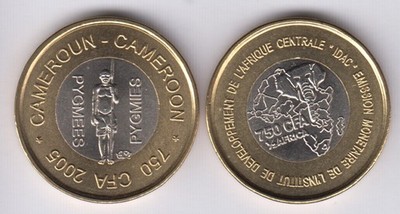 CAMEROON CAMEROUN 750 CFA 2005 bimetal, pygmees, Not legal tender coinage
