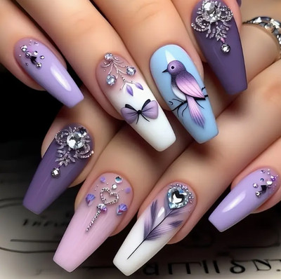 24 Pcs Press-on Nails Med. Long Purple, Blue, White w/Bird Lace Hearts Not 3D