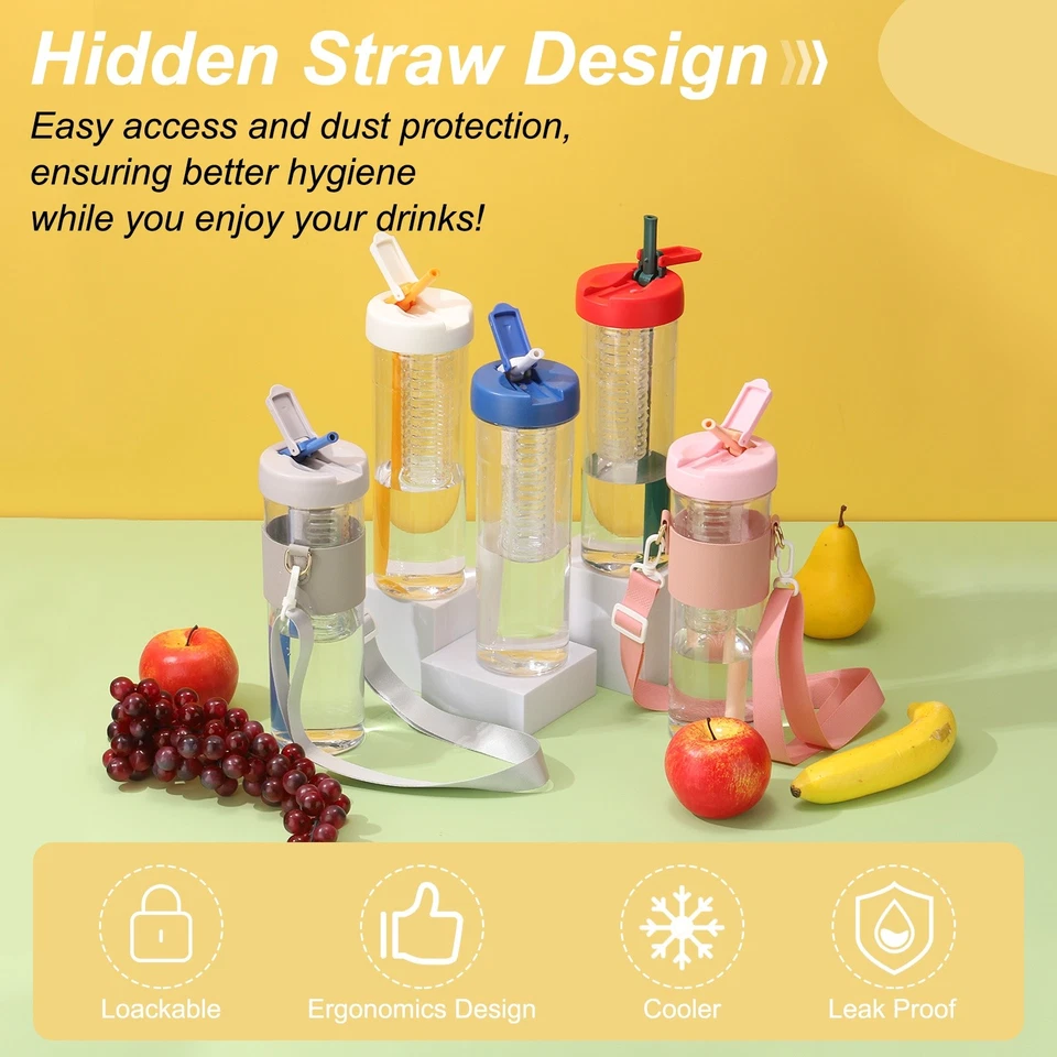 Botella de agua infusora de frutas 29 oz botella de agua de plástico con asa de transporte blanca Foto 4 de 4