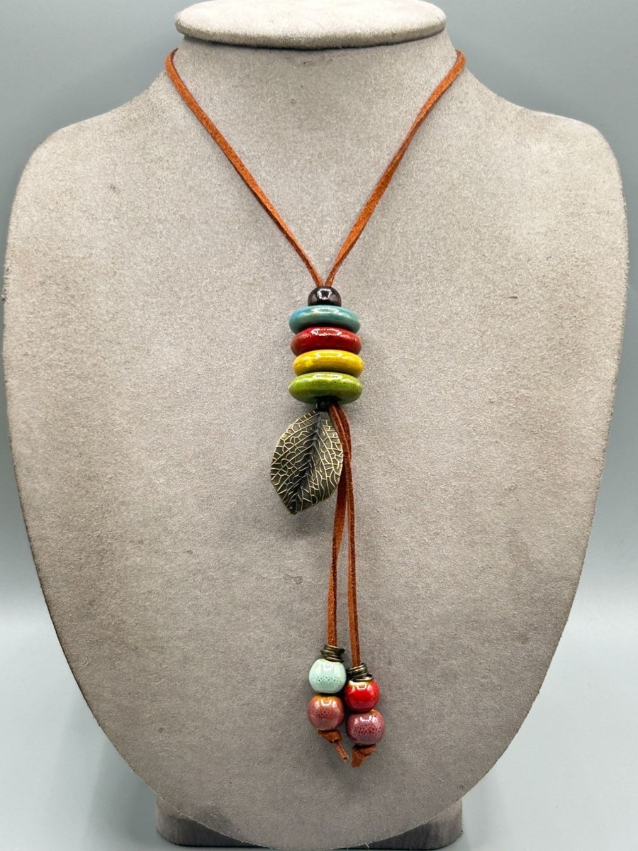 Earthy Colorful Necklace Ceramic Beads Leather Cord Simple Boho Jewelry View 2