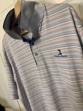 Pebble Beach Men s Sz L Blue White Pink Striped Polo Pebble Beach Golf Club Logo
