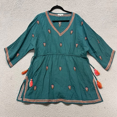 #ad World Market Top Women L XL Turquoise Green Floral Embroidered Tunic Boho Hippie $27.88